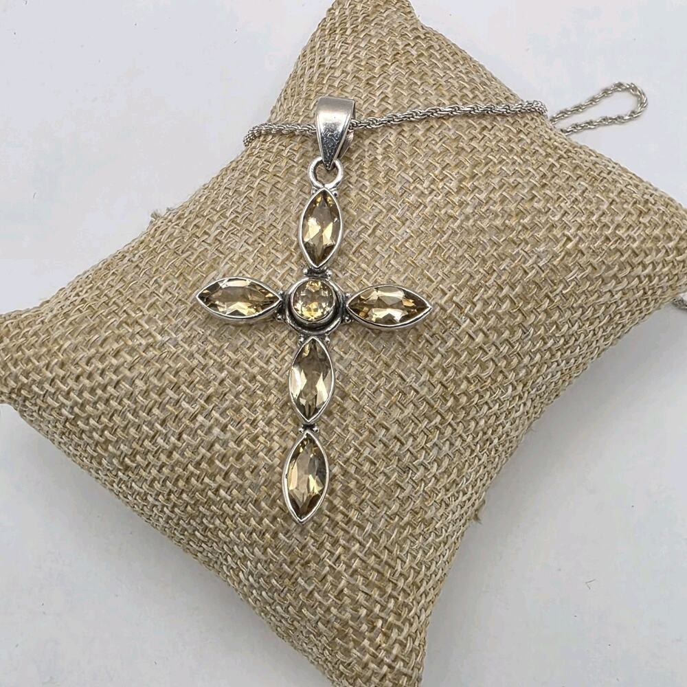 Sterling Silver 925 Large Citrine Gemstone Cross Pendant 24" Necklace 10.86g